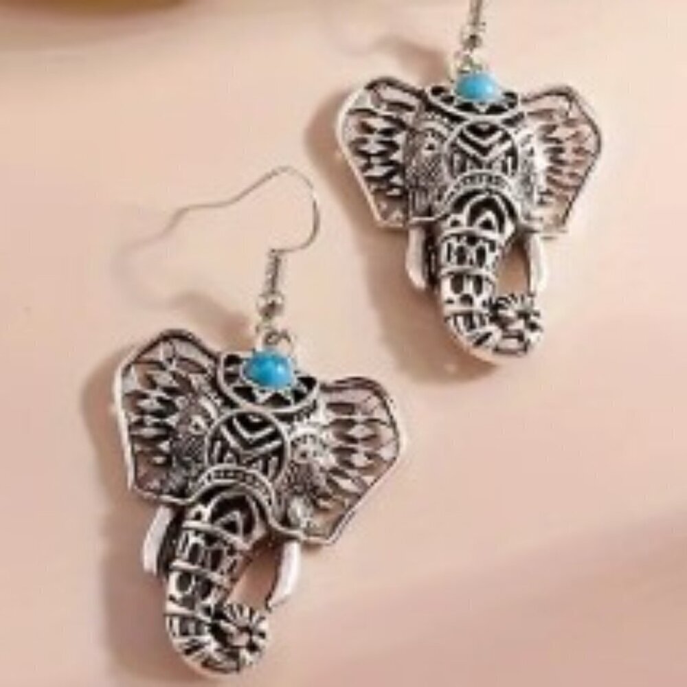 Bohemian Elephant Dangle Earrings Turquoise Accents, Zinc Alloy Iron Ear Hooks